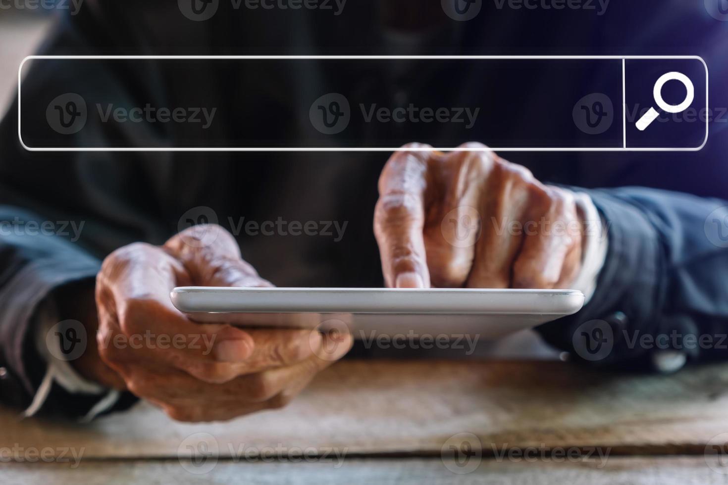 Searching Browsing Internet Data Information Networking Concept. two businessman hand using smart phone,mobile and tablet in office. photo