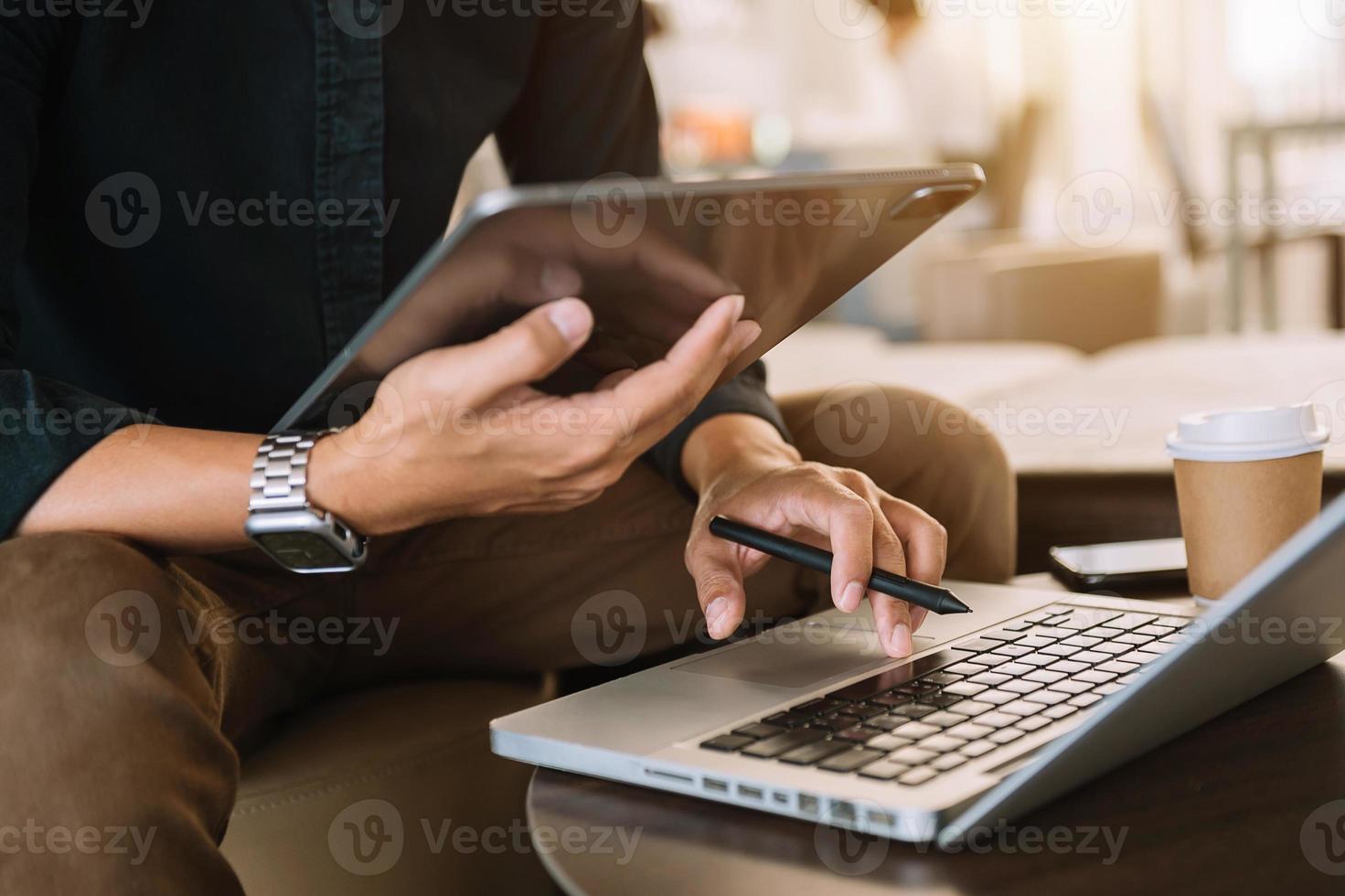 Working Process in Modern Office. Young Woman Account Manager Working at Table with New Business Project. Typing keyboard,Using Contemporary Laptop. photo