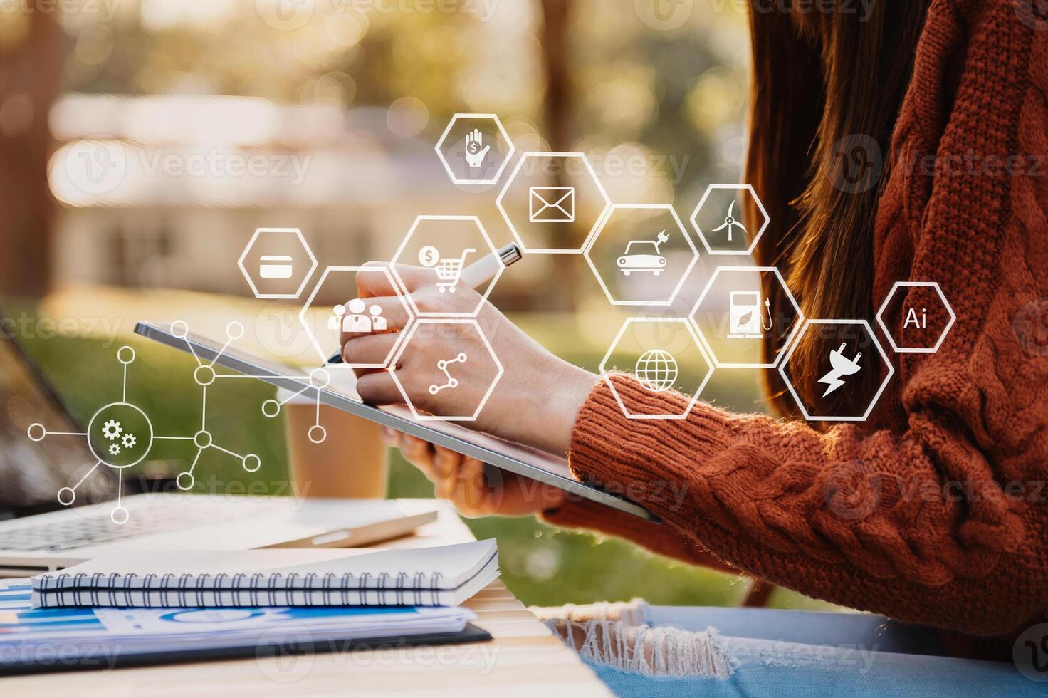 business people working and green renewable energy worker interface. Concept of sustainability  business based on renewable energy, electric transport, offset by planting tree photo