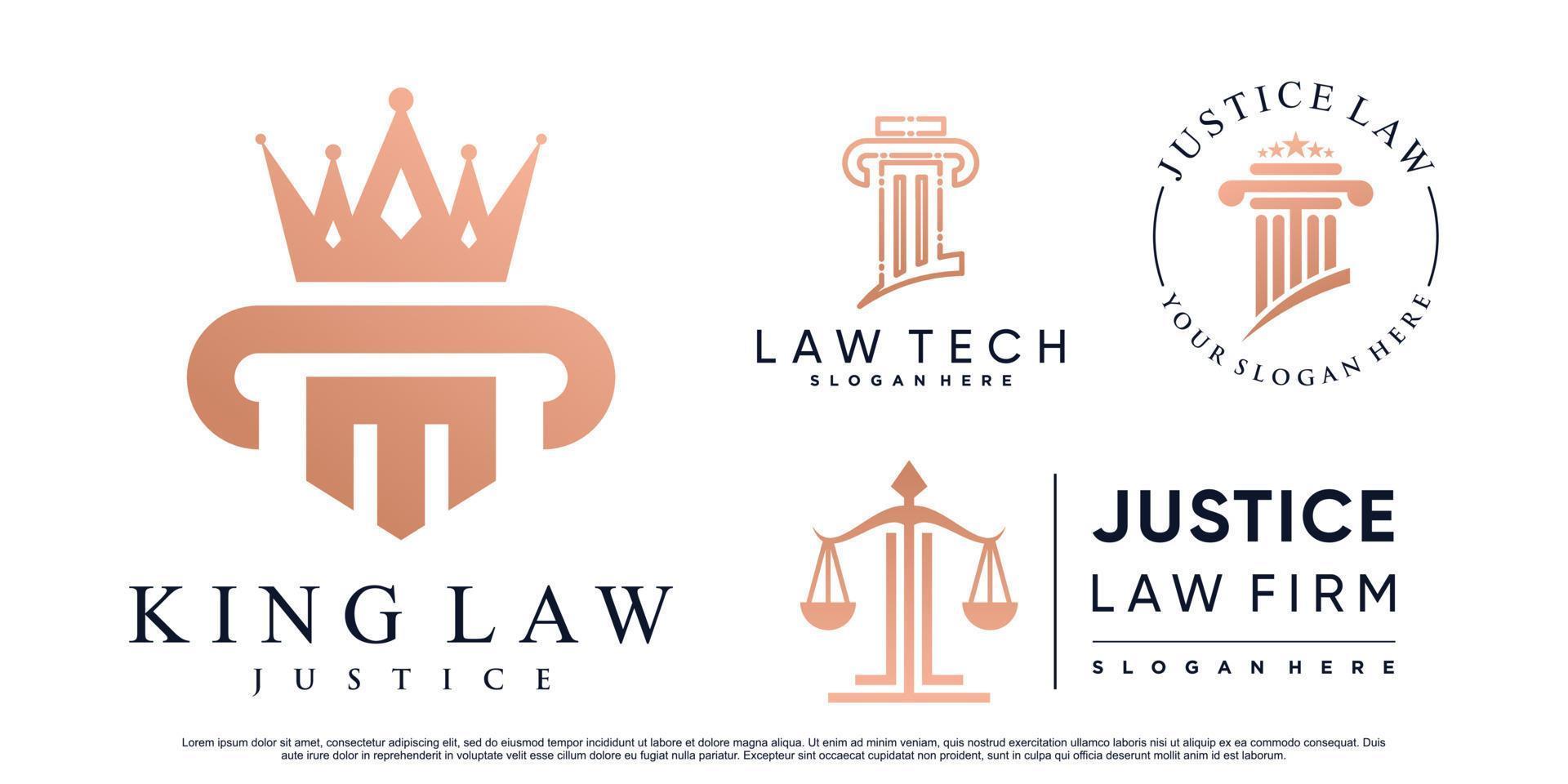 conjunto de diseño de logotipo de bufete de abogados de justicia con vector premium de pilar, corona y elemento creativo