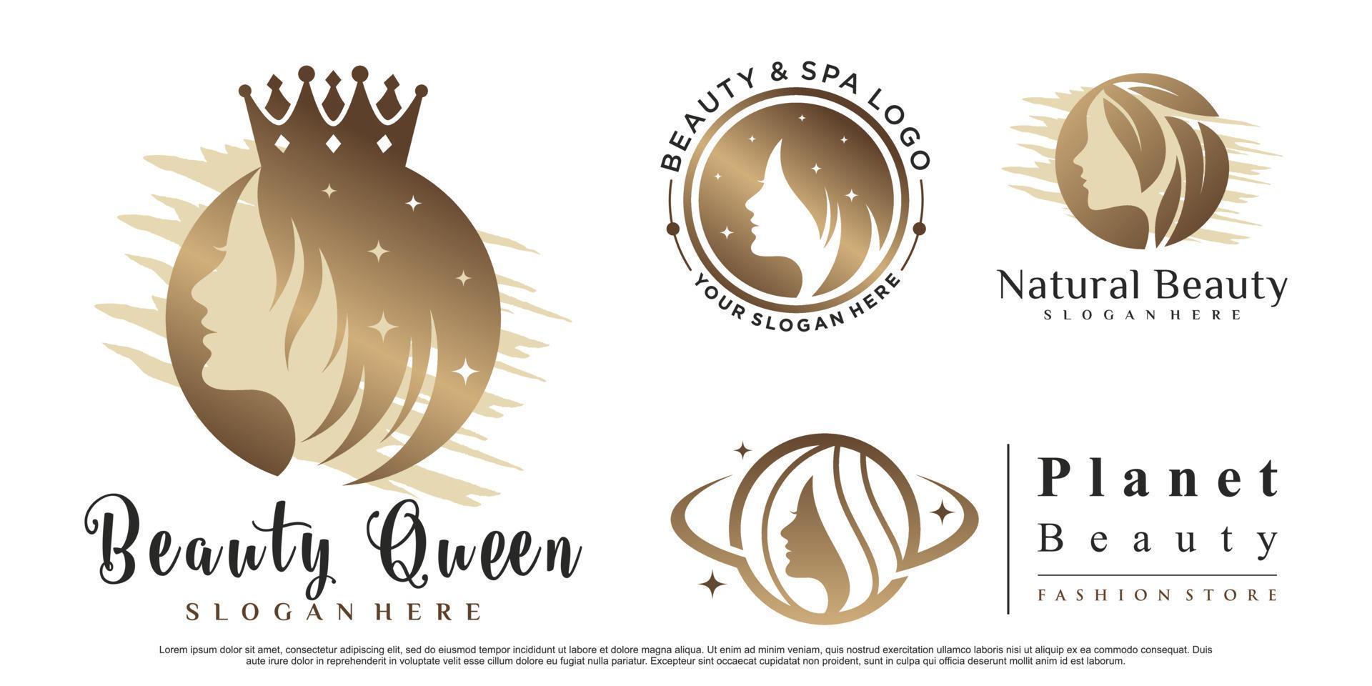 Set of beauty queen logo design with woman face illustration for salon Premium Vector