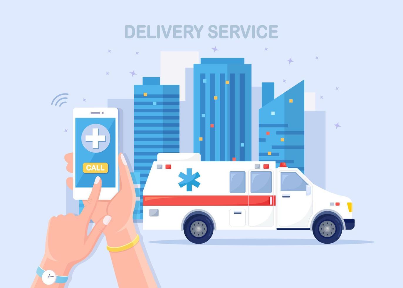 Emergency call service. Ambulance car and call to doctor by phone. Vector design