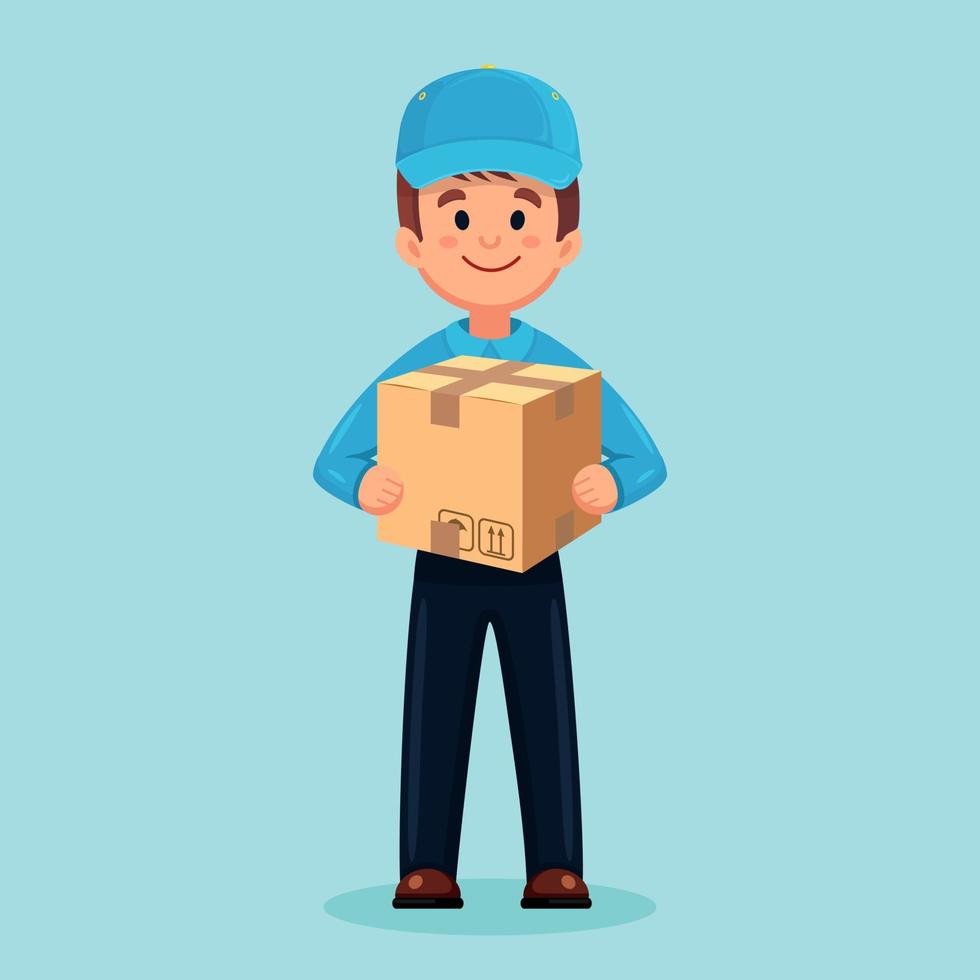 Delivery of goods. Courier with a box in his hands. Vector design