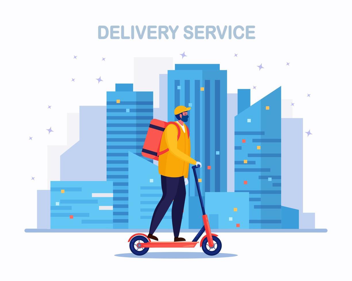 Free fast delivery service by kick scooter. Courier delivers food order. Man travels around city with a parcel. Express shipping vector
