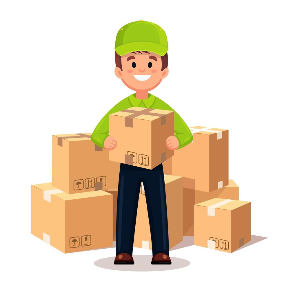Delivery of goods. Courier with a box in his hands. Vector design