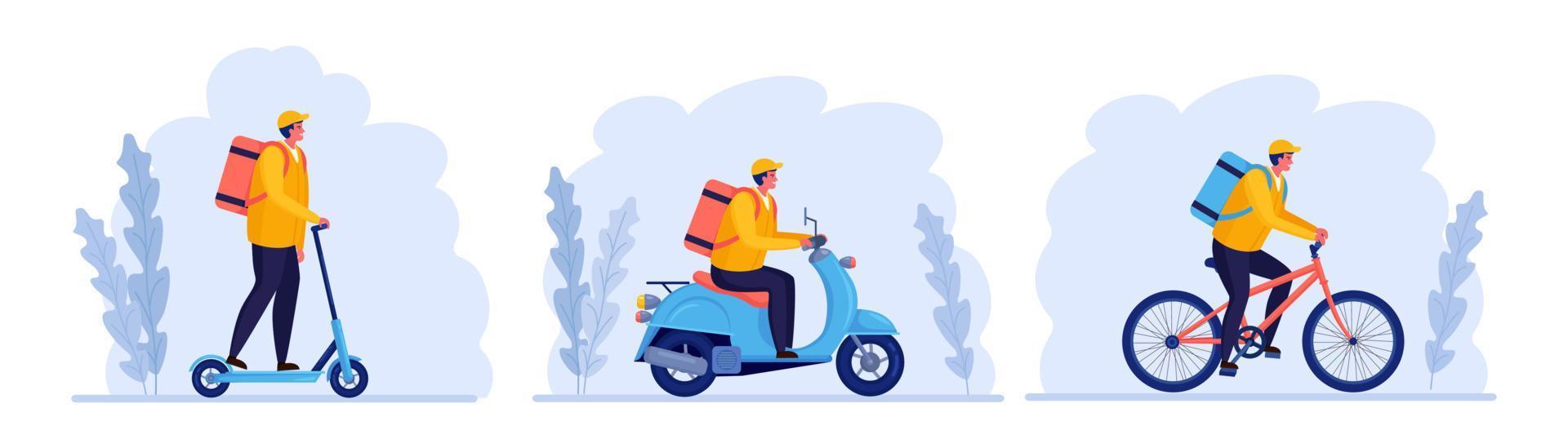 Free fast delivery service by bicycle, scooter, kick scooter. Courier delivers food order. Man travels with a parcel. Online package tracking. Express shipping. Vector design