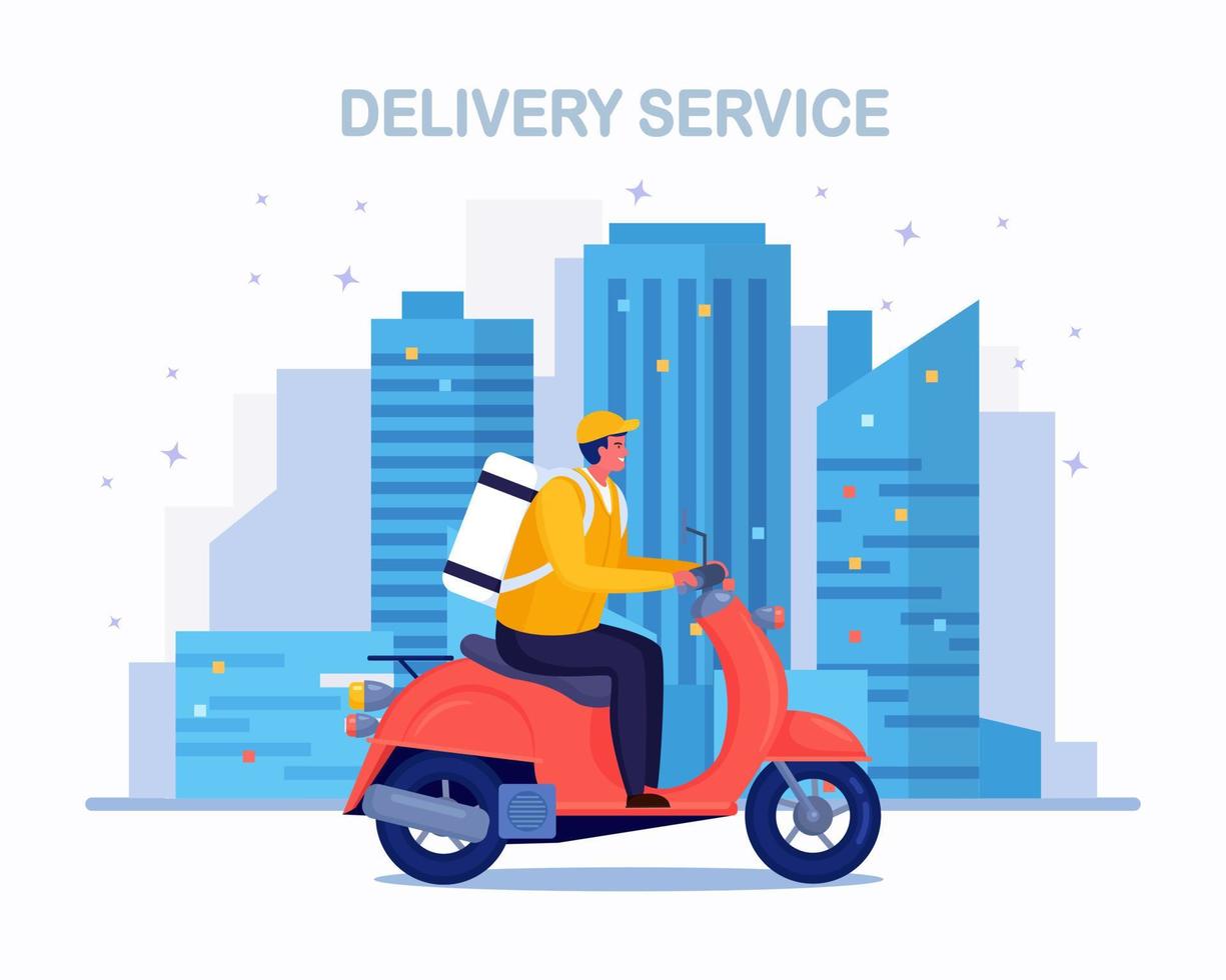 Free fast delivery service by scooter. Courier delivers food order. Man travels around city with a parcel. Express shipping. Vector design
