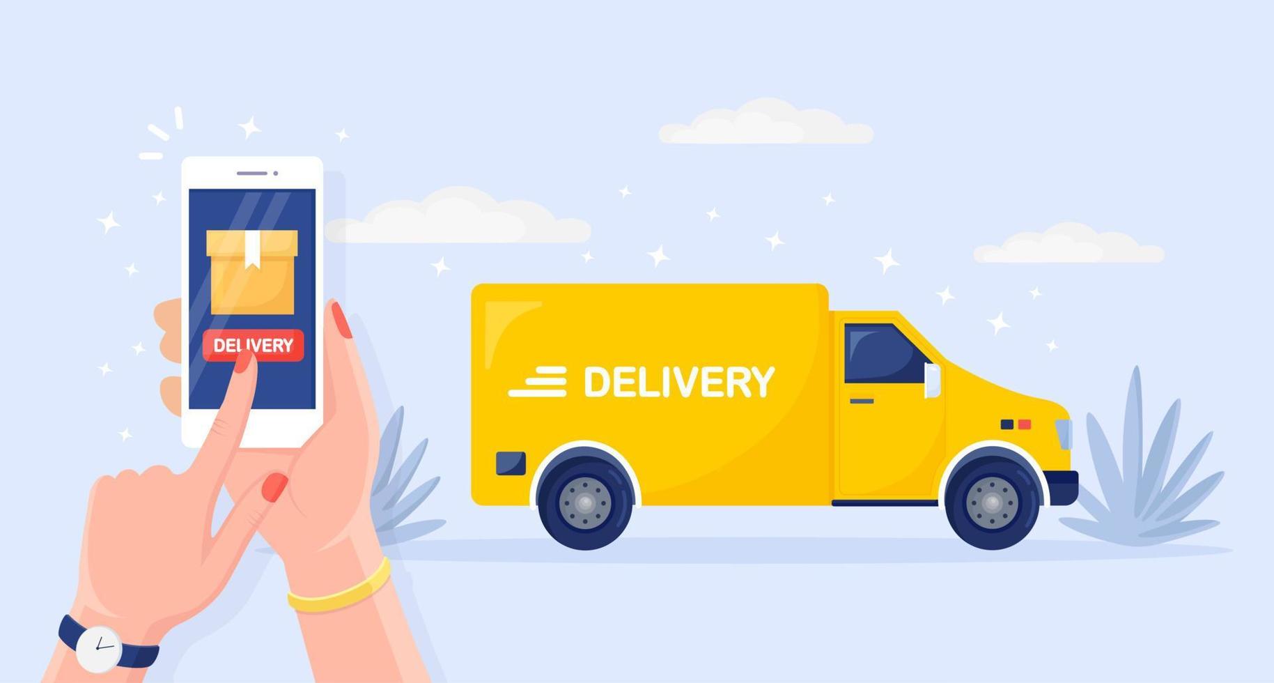 Free fast delivery service by truck, van. Courier delivers food order by auto. Hand hold phone with mobile app. Online package tracking. Vector design