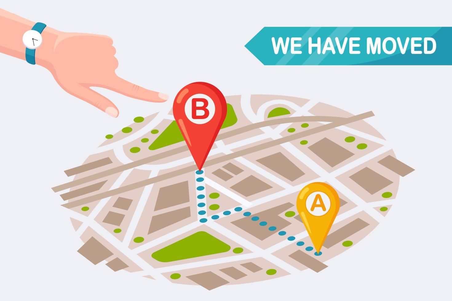 We have moved. New address on map with pin. Announce a change in office location. Vector cartoon design