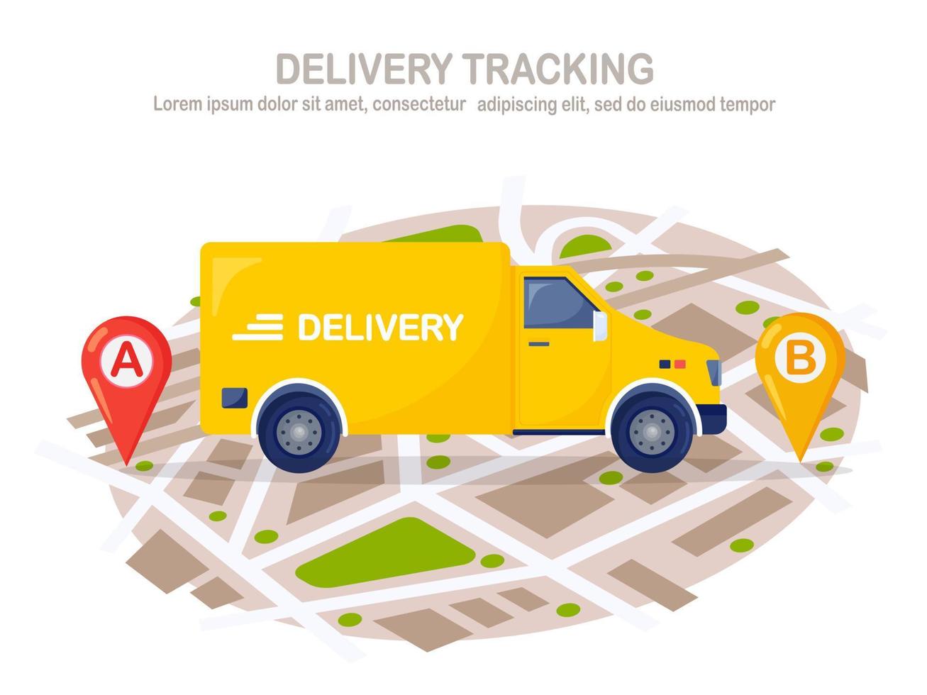 Free fast delivery service by yellow truck, van. Courier delivers food order by auto. Online package tracking. Vector design