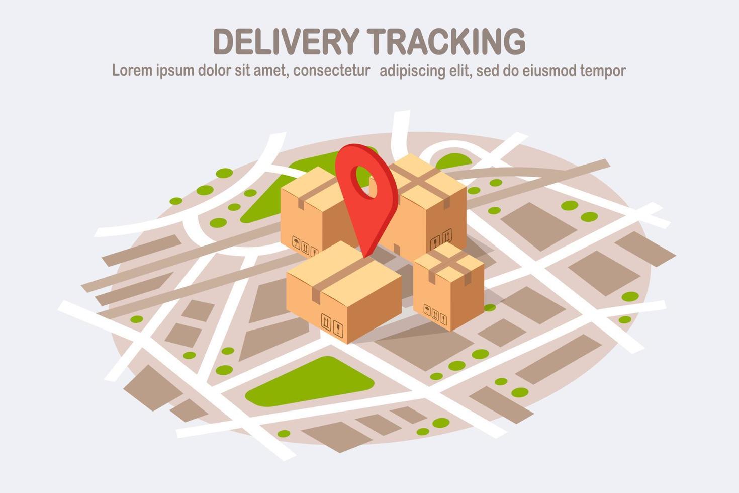 Order tracking. Isometric 3d parcel with pin, pointer on map. Shipping of box, cargo transportation. Vector design