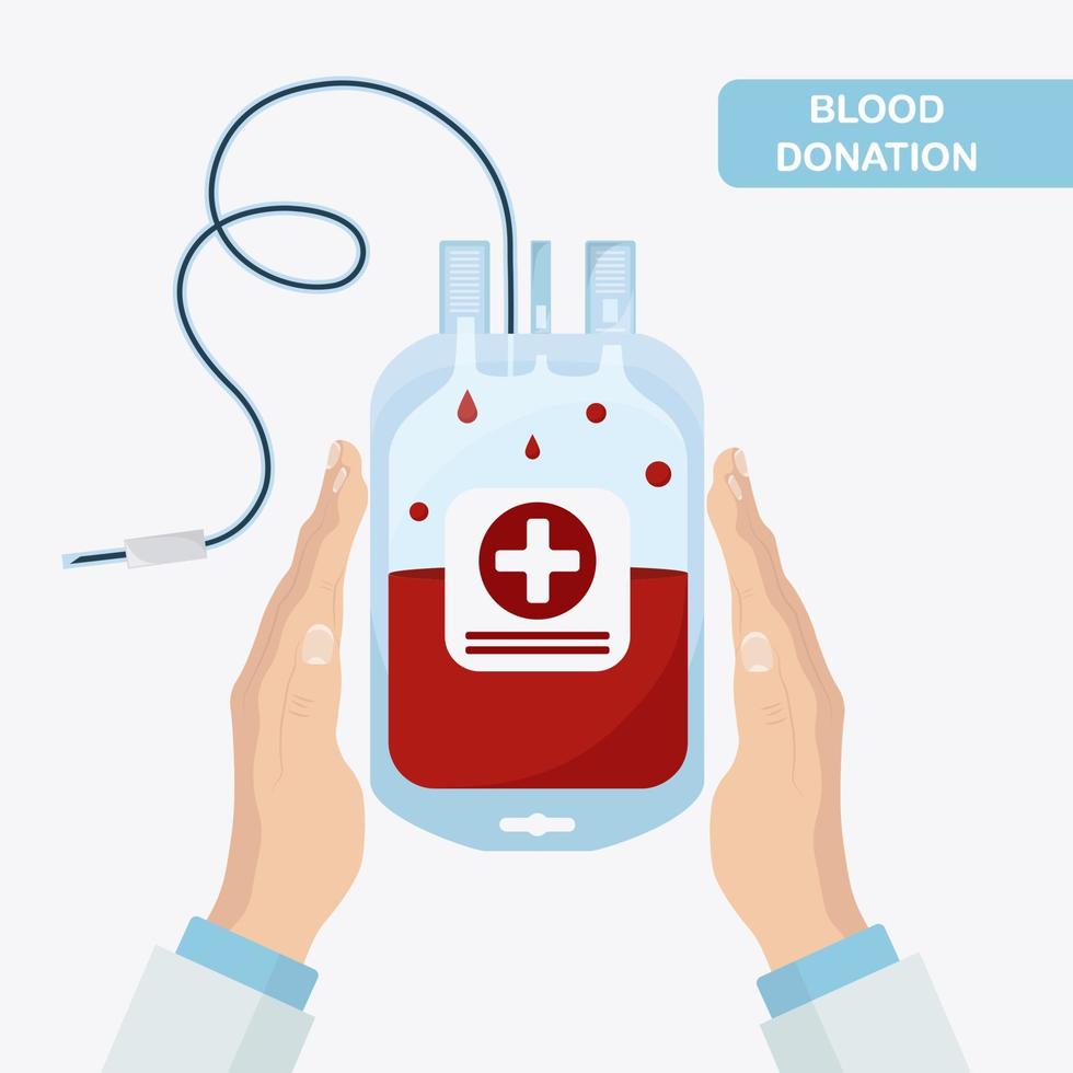 Blood bag with red drop in hand. Donation, transfusion concept. Save patient life. Vector design