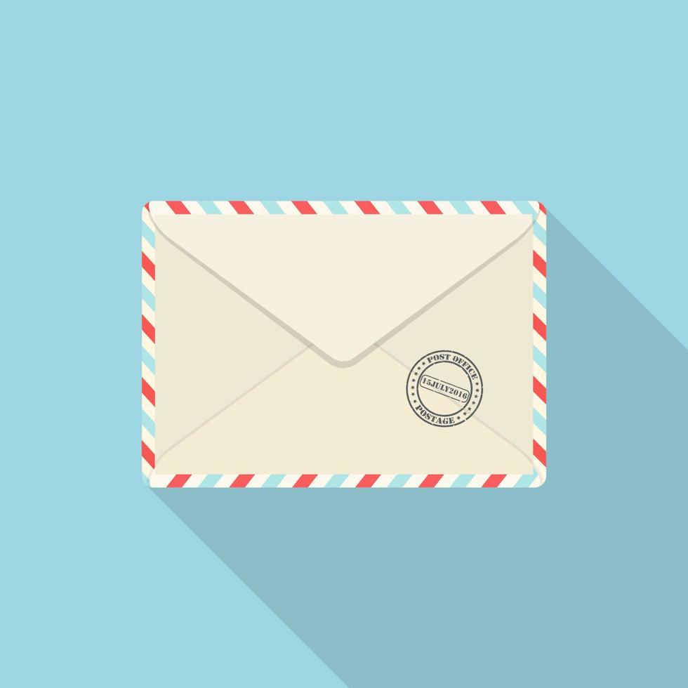Envelope with mail stamp, postmark on blue background. Post correspondence. Vector design