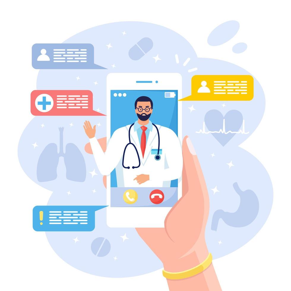 médico en línea. medicina virtual. usando la aplicación móvil para llamar al médico. pregúntale al médico. consulta de salud, diagnóstico. teléfono móvil de mano aislado sobre fondo blanco. diseño vectorial vector