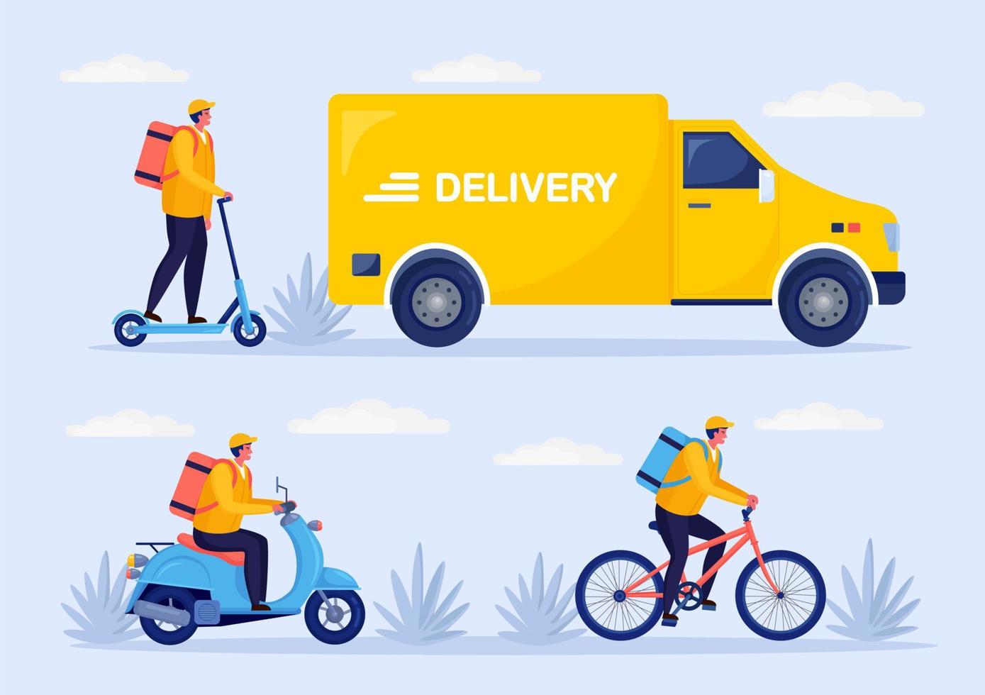 Free fast delivery service by bicycle, scooter, kick scooter, truck, van. Courier delivers food order by auto. Vector design