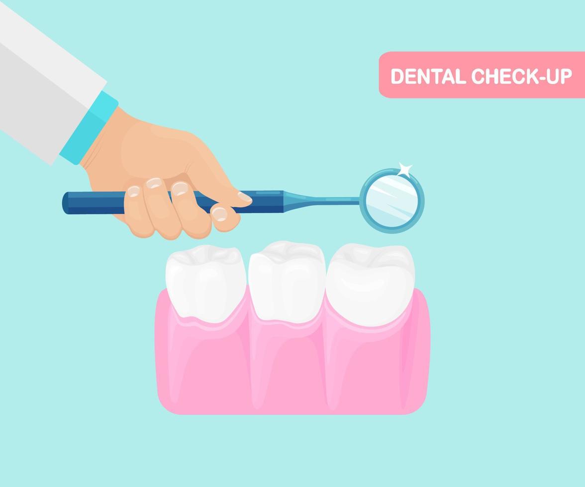 chequeo dental. el dentista sostiene los instrumentos en las manos para examinar el diente del paciente. concepto de estomatología. cuidado de la salud dental. diseño vectorial vector