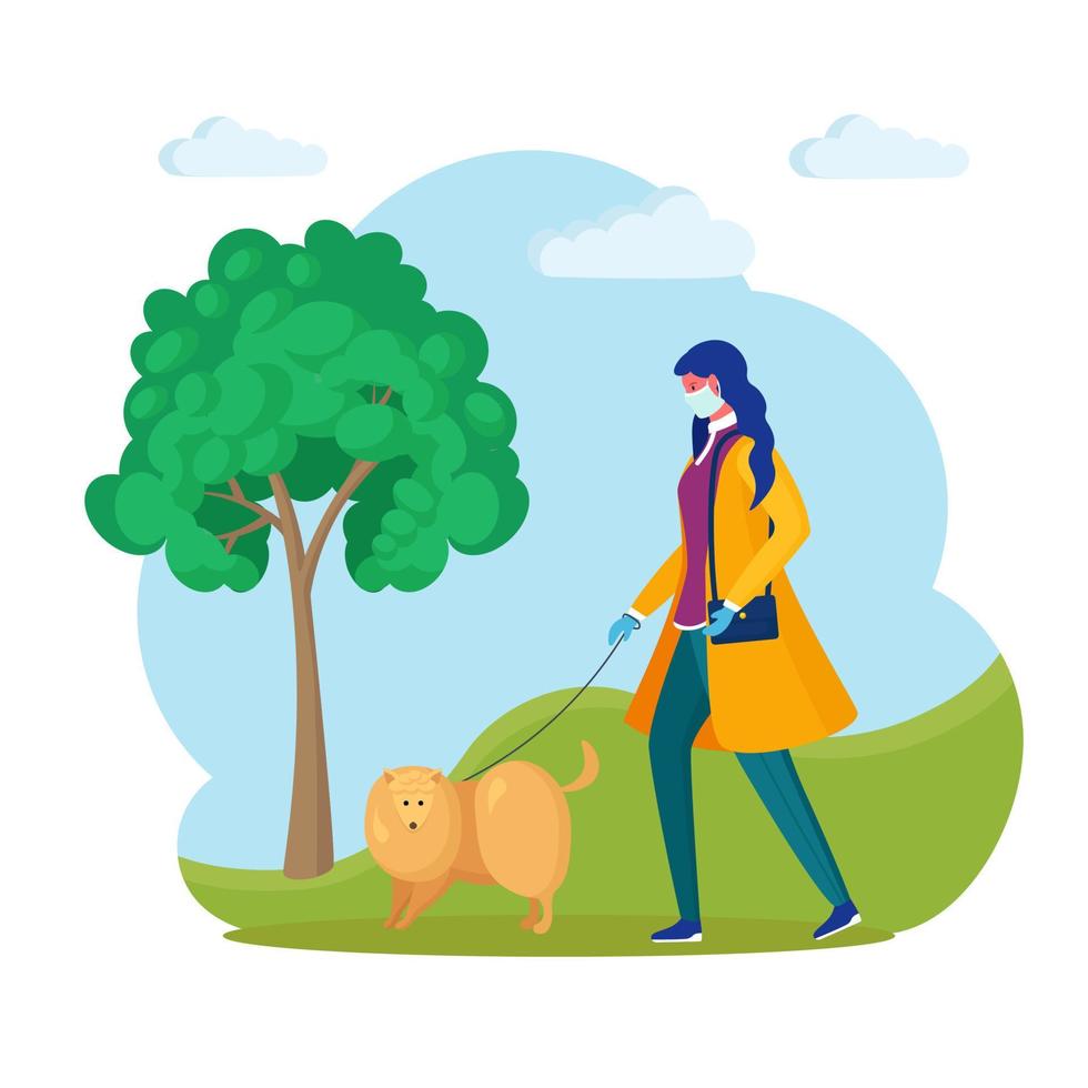 Woman is walking with dog. Happy girl in medical mask play with pet. Puppy on a leash. Quarantine rules. Vector design