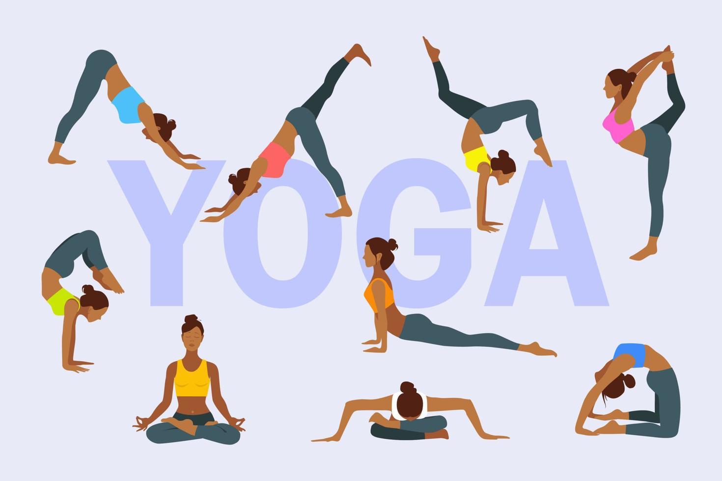 International yoga day. Set of slim sportive young woman doing yoga exercises. vector