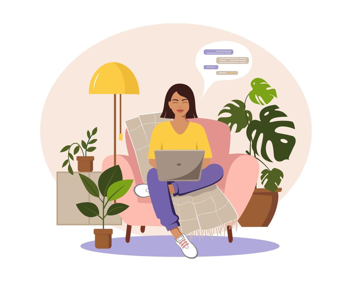 A woman is sitting on a chair with a laptop. Concept about   study, education, work from home. vector
