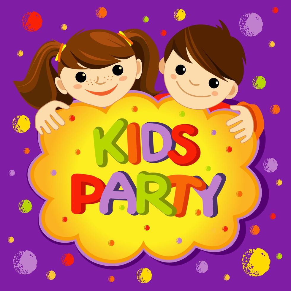 invitación brillante a la fiesta infantil. niña y niño, salpicaduras de pintura colorida con el logotipo del área infantil para el parque infantil para jugar y divertirse. vector