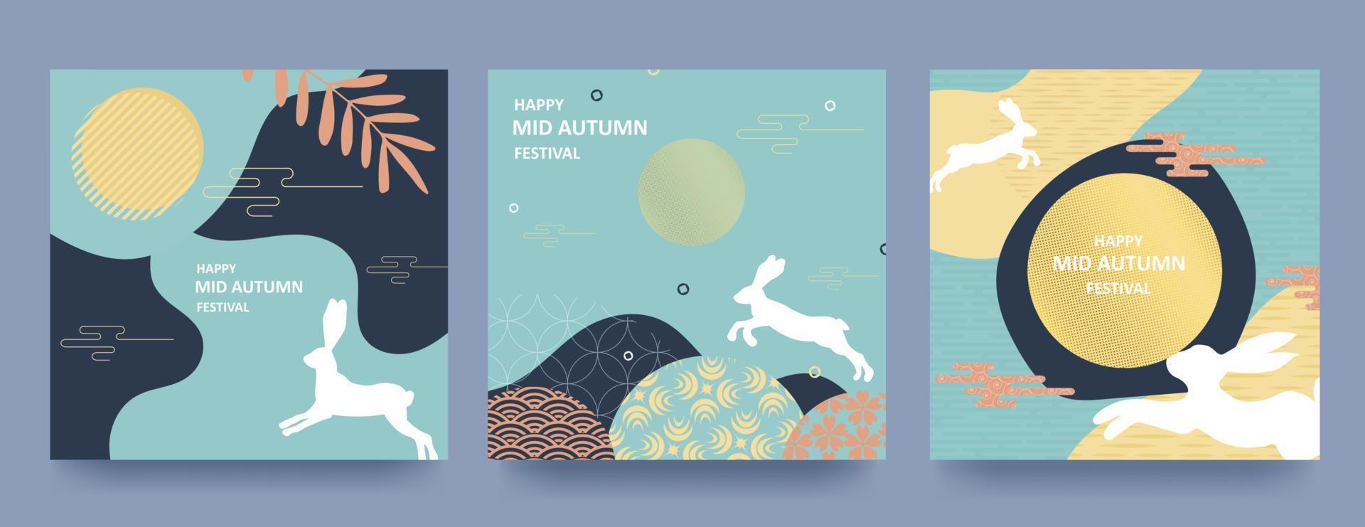 Trendy Mid Autumn Festival design Set of backgrounds, greeting cards, posters, holiday covers with moon, mooncake and cute rabbits. Chinese translation - Mid Autumn Festival. Vector illustration