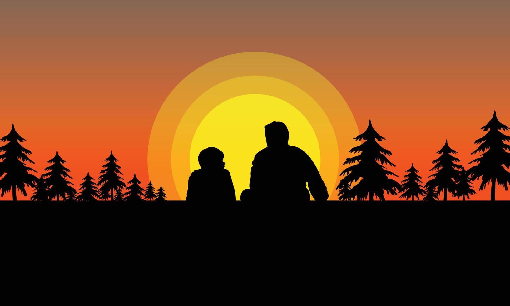 Father and son sit at sunset time flat design vector