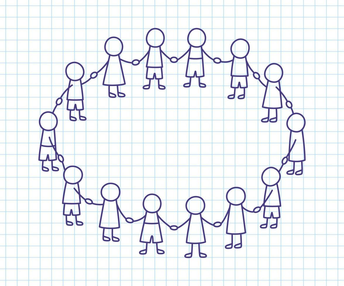 Happy doodle stick children holding hands. Hand drawn funny kids in circle. International friendship concept. Doodle children community. Vector linear illustration on squared background