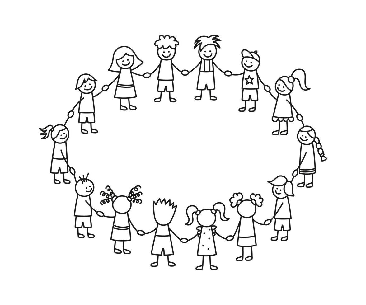 Happy doodle stick children holding hands. Hand drawn funny kids in circle. International friendship concept. Doodle children community. Vector linear illustration isolated on white background