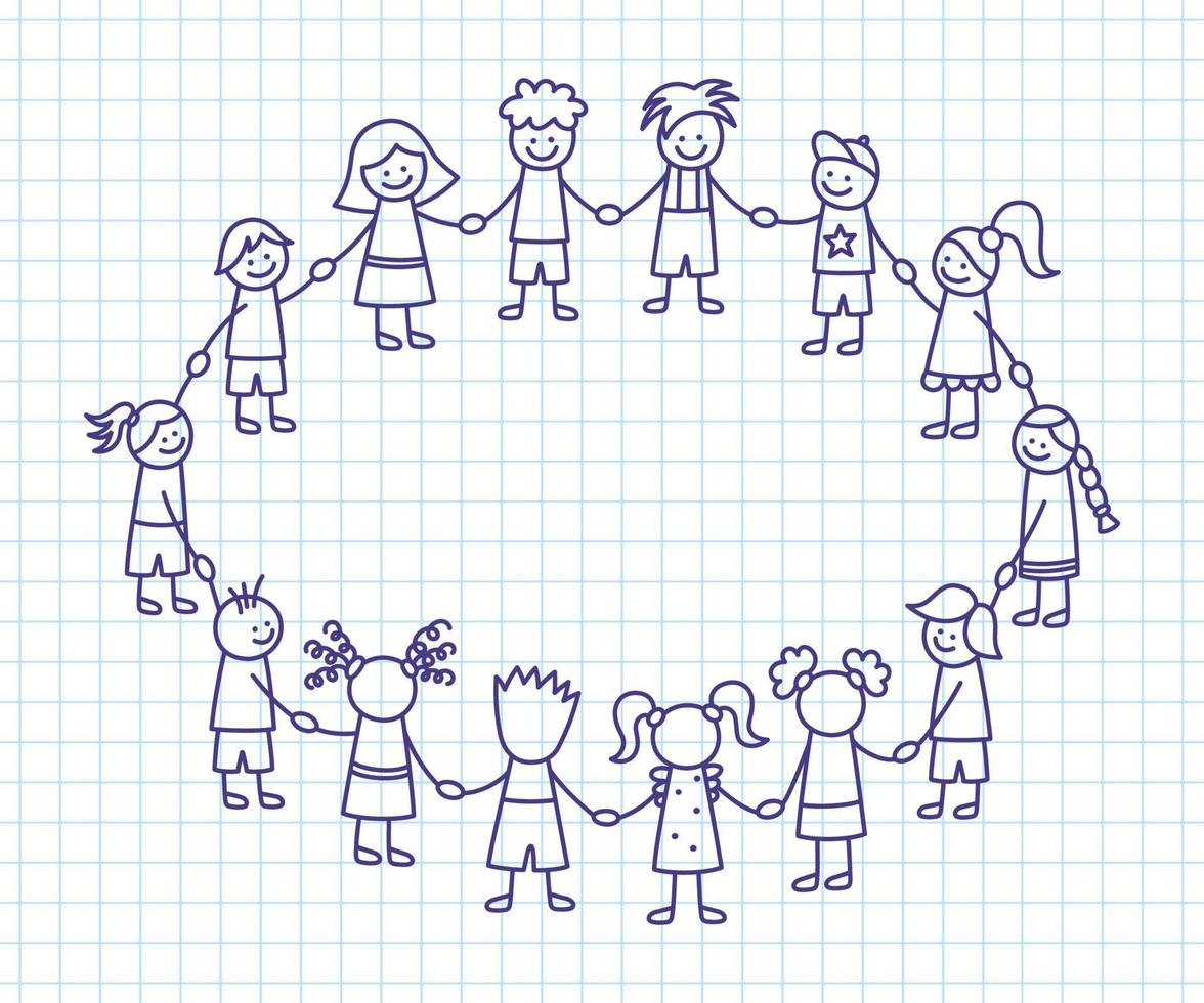 niños felices del palo del garabato tomados de la mano. niños divertidos dibujados a mano en círculo. concepto de amistad internacional. comunidad de niños garabatos. ilustración lineal vectorial sobre fondo cuadrado vector