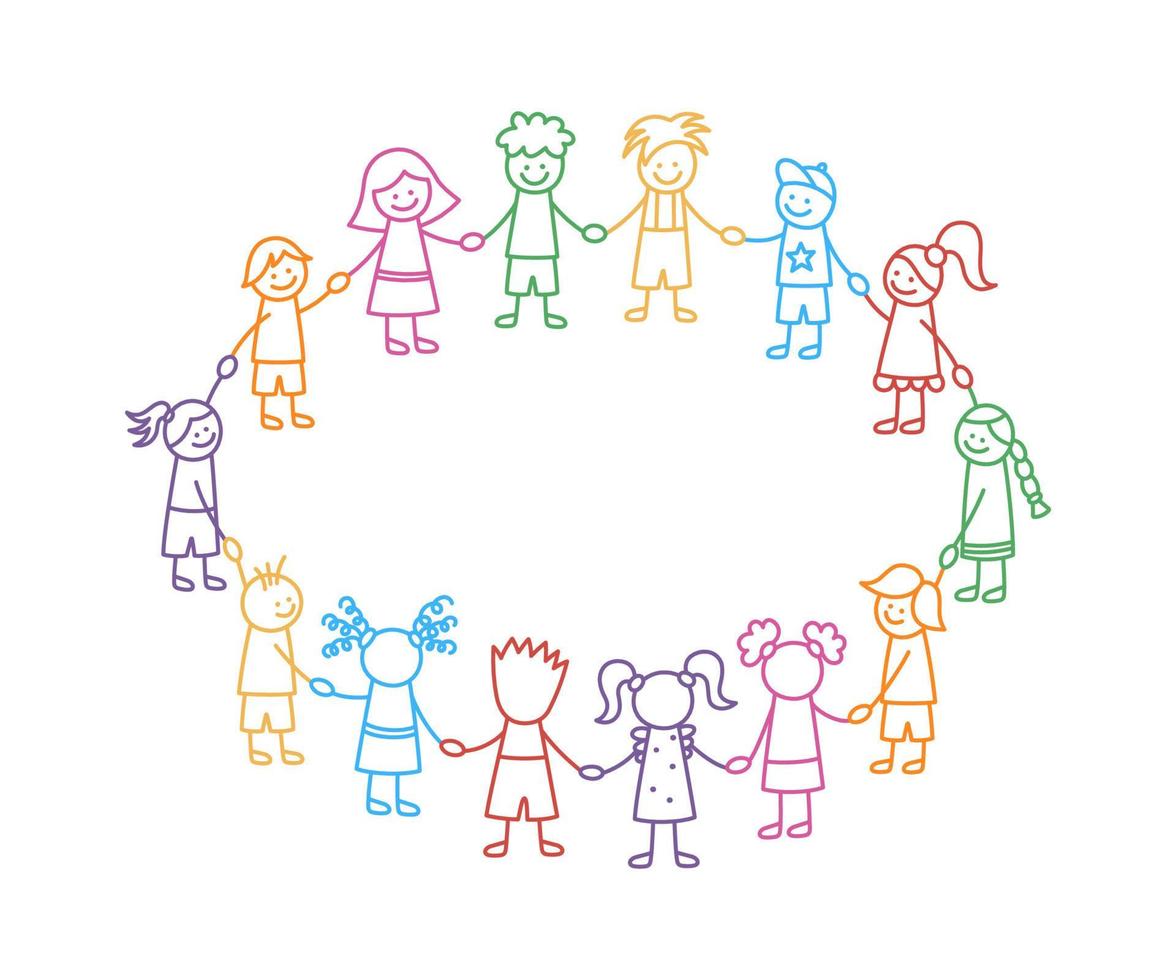 Happy doodle stick children holding hands. Hand drawn funny kids in circle. International friendship concept. Doodle children community. Vector linear illustration isolated on white background