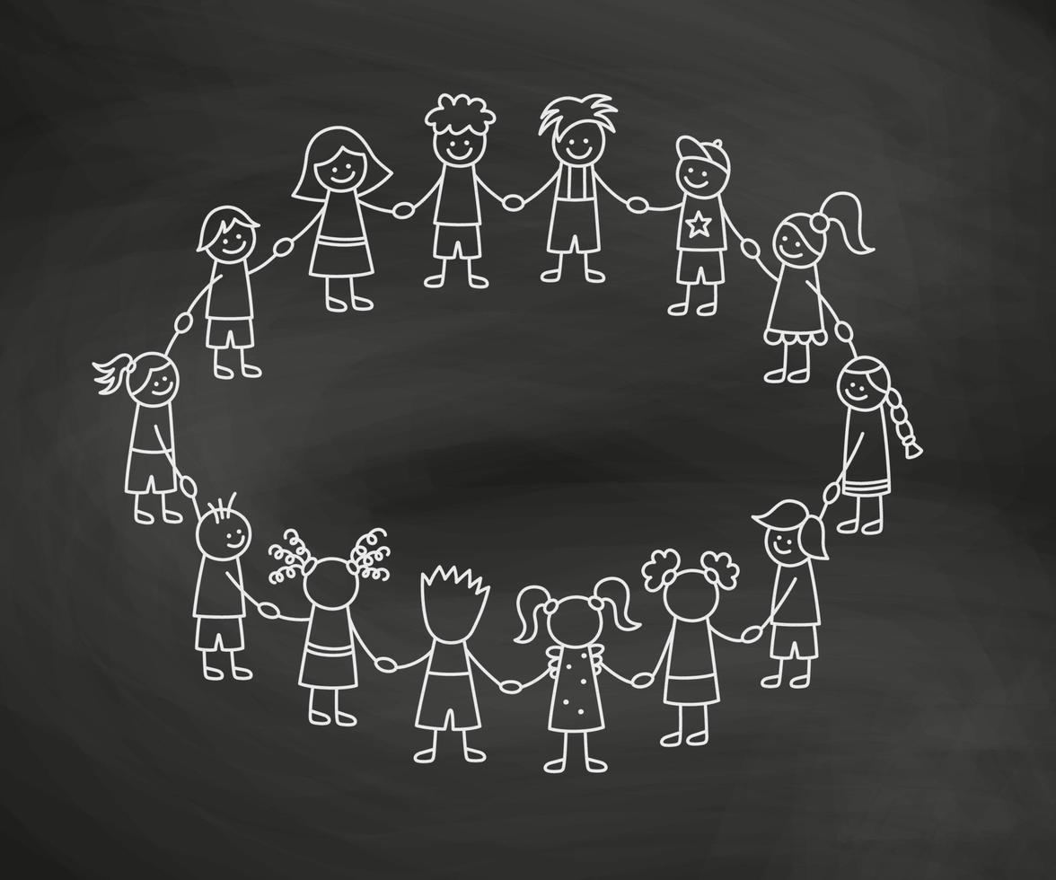 Happy doodle stick children holding hands. Hand drawn funny kids in circle. International friendship concept. Doodle children community. Vector linear illustration on school blackboard background