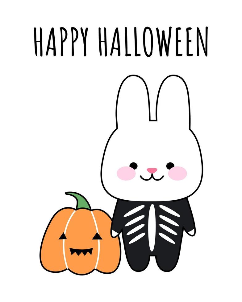 Happy halloween card with rabbit and pumpkin. Cute kawaii bunny. Halloween concept. Vector cartoon illustration for print.