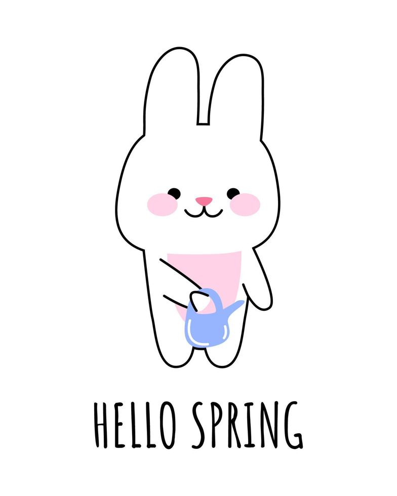 A happy cute hare with a garden watering can. The inscription hello spring. Vector kawaii illustration for prints, postcards, banners, templates.