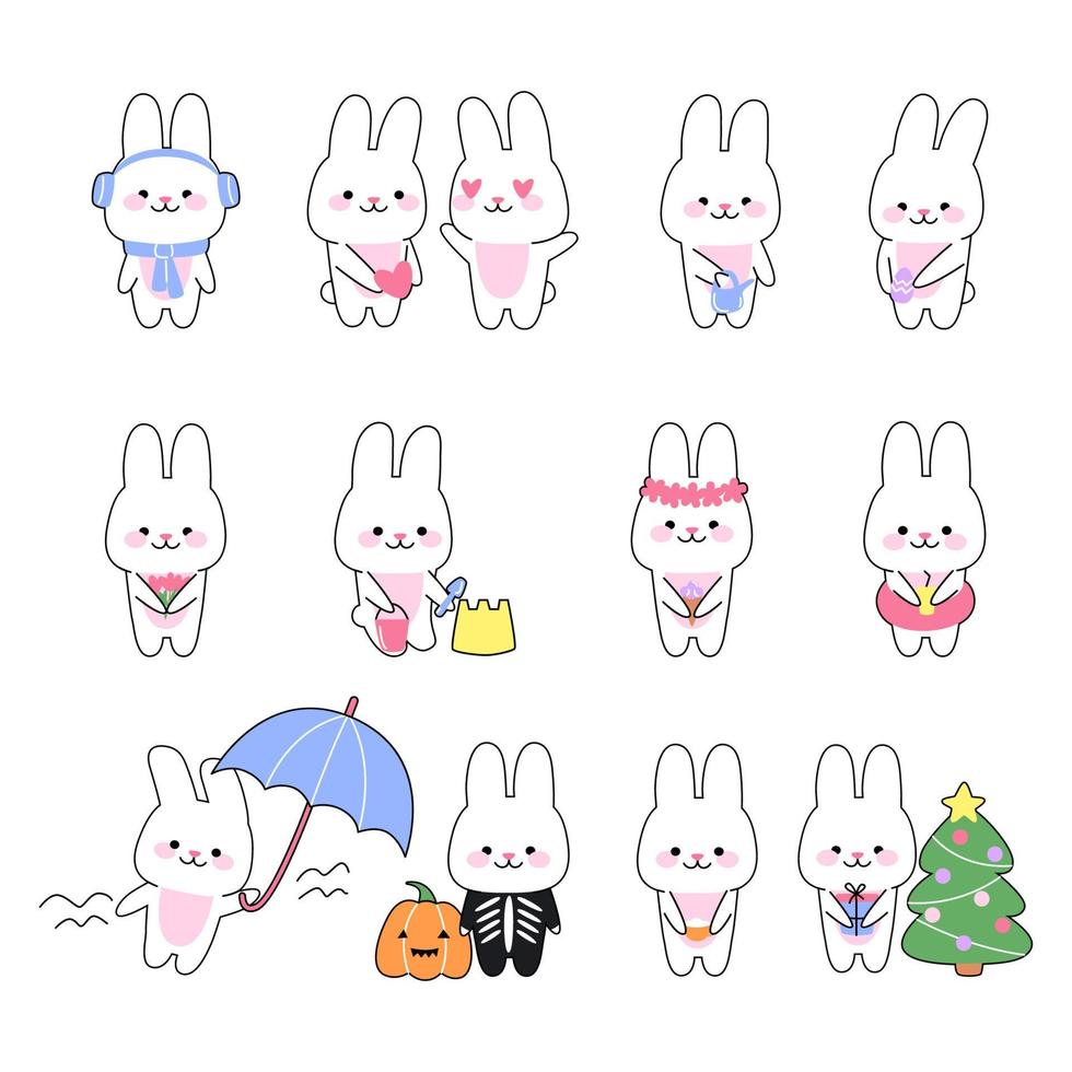 set de 12 lindos conejitos kawaii. divertido personaje de conejito en varias poses. concepto de vacaciones y temporada. ilustración de dibujos animados vectoriales para imprimir. vector