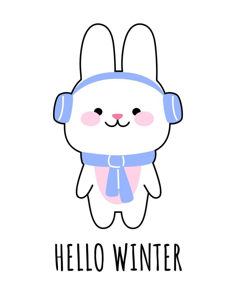 A happy cute wearing warm headphones and a scarf. The concept of hello winter. Vector kawaii illustration for prints, postcards, banners, templates.