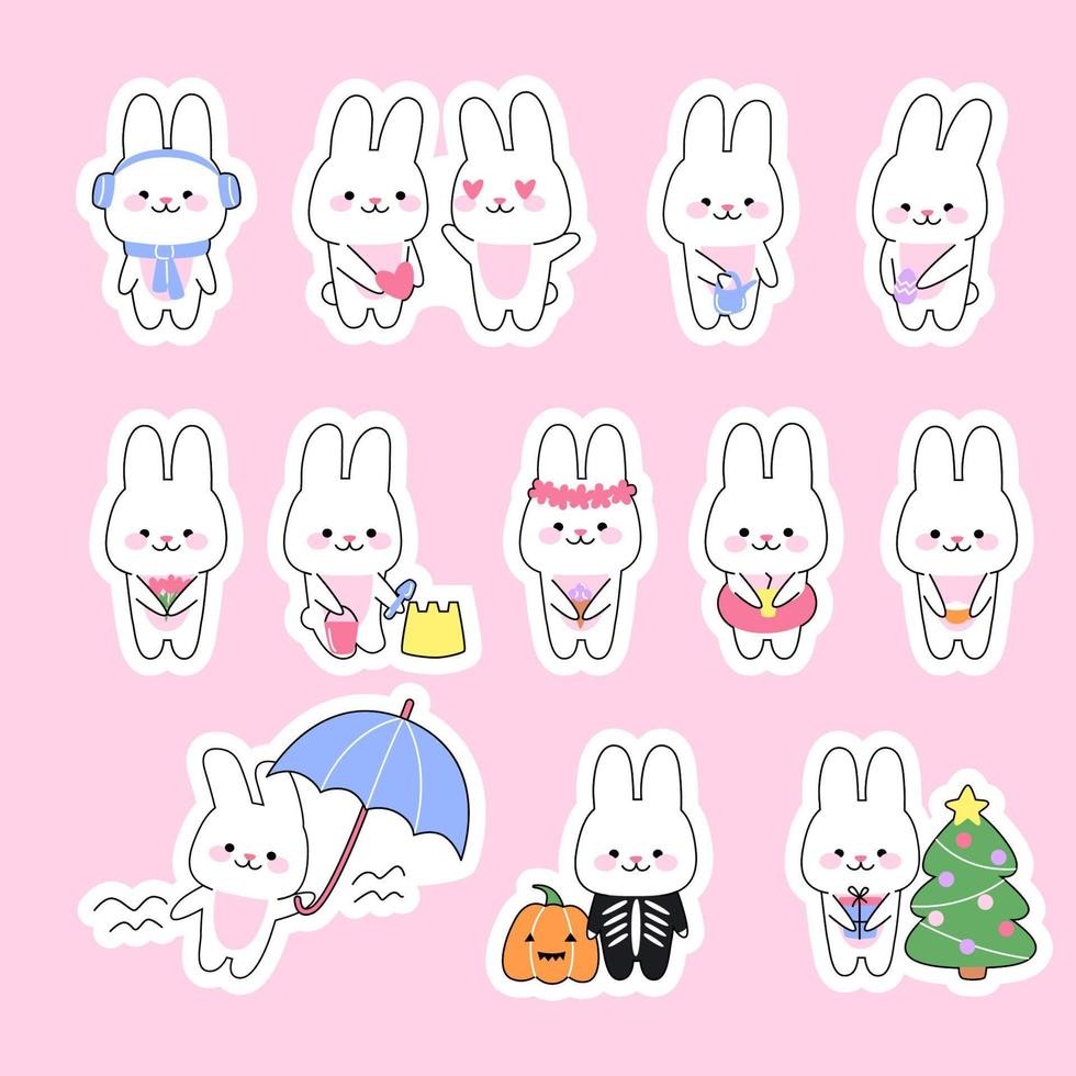 set de 12 pegatinas de lindos conejos kawaii. divertido personaje de conejito en varias poses. concepto de vacaciones y temporada. ilustración de dibujos animados vectoriales para imprimir. vector