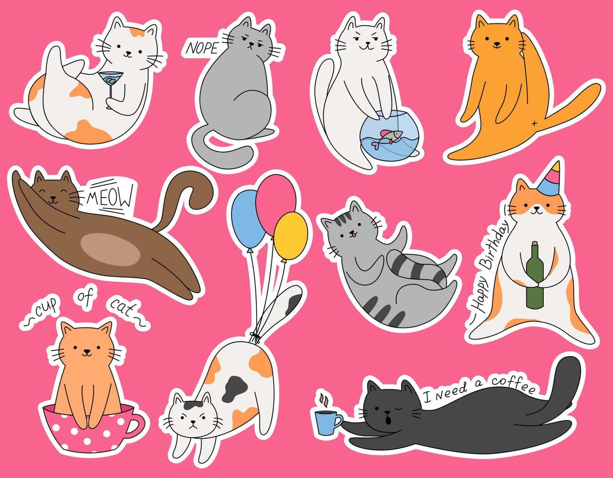 establecer pegatinas lindos gatos de dibujos animados de diferentes razas.  gatos perezosos con alcohol y letras. gatos divertidos en diferentes poses.  ilustración vectorial kawaii. 8288922 Vector en Vecteezy