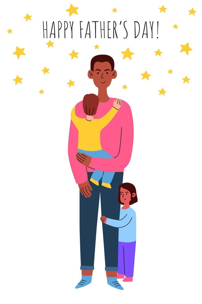 Happy father's day. Dad with their children. Father's Day greeting card. Vector illustration in a flat style for print.