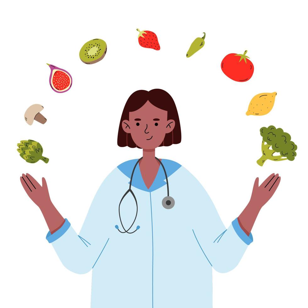 concepto de nutricionista. terapia de nutrición con alimentos saludables.  programa de pérdida de peso y plan de dieta. ilustración vectorial en  estilo plano de dibujos animados. 8288927 Vector en Vecteezy