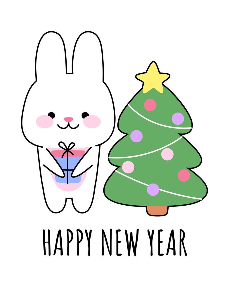  feliz año nuevo. conejo kawaii con regalo y árbol de navidad. el conejito es un símbolo