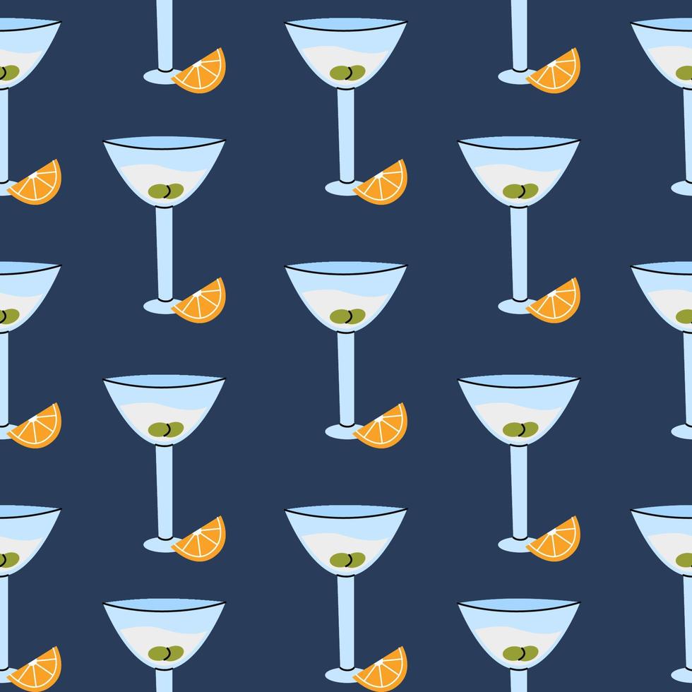 copa de martini de patrones sin fisuras con aceitunas y rodaja de naranja. ilustración de dibujos animados vectoriales para impresión, textil. vector