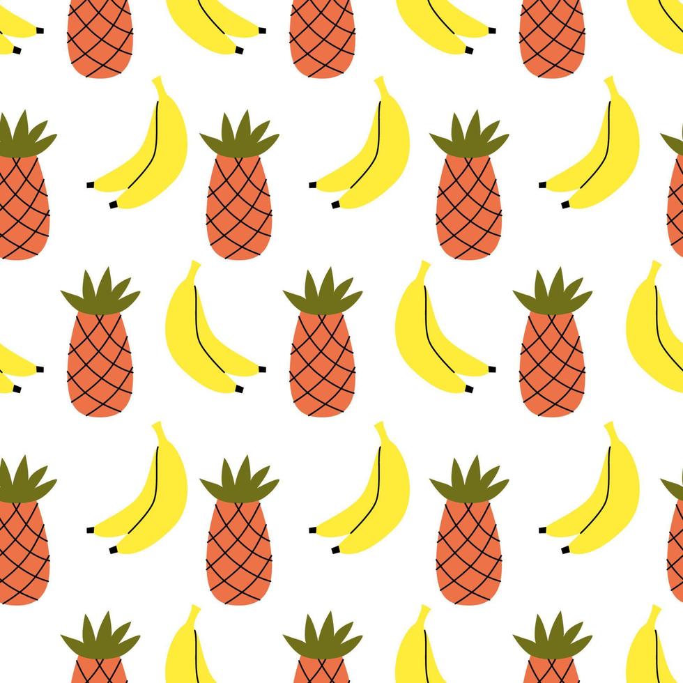 Banana and pineapple seamless pattern. Summer aesthetic background. Vector naive illustration for print, textile.