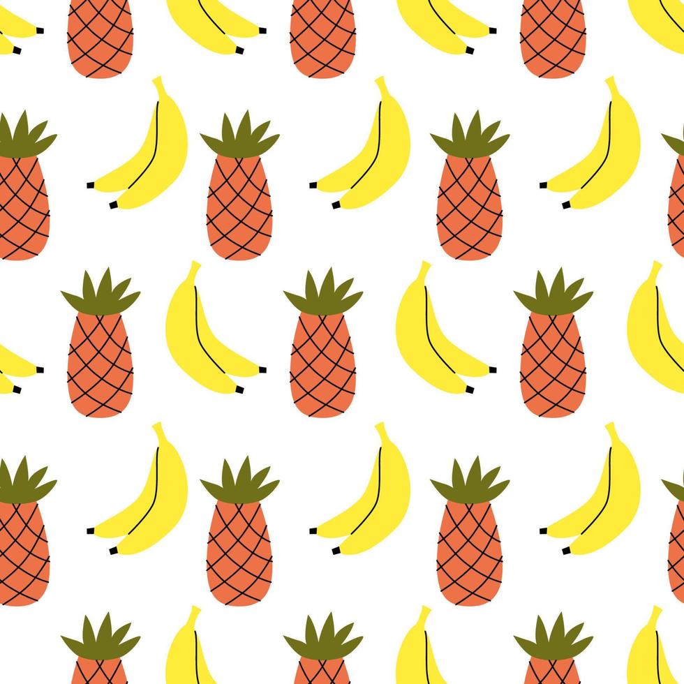 Banana and pineapple seamless pattern. Summer aesthetic background. Vector naive illustration for print, textile.