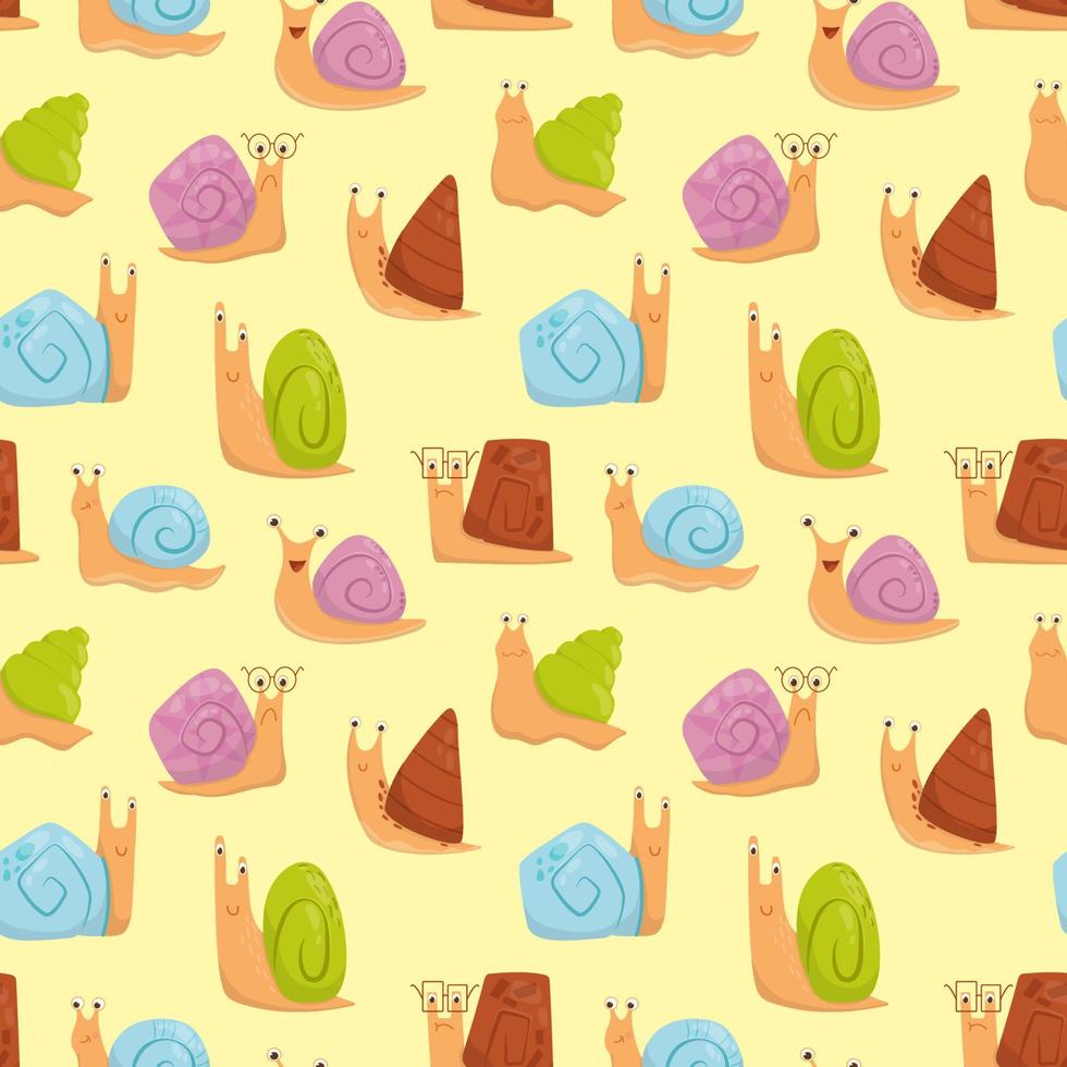 Vector pattern with colored snails on a yellow background