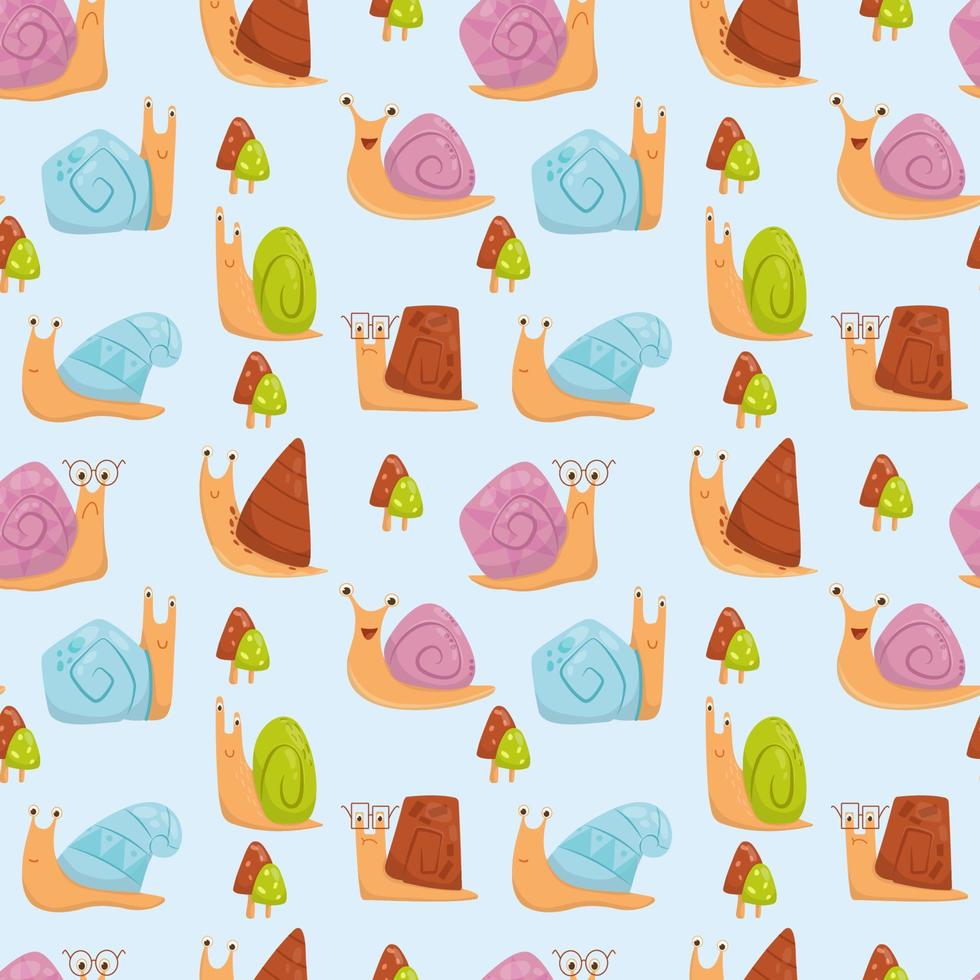 Vector pattern with colored snails and mushrooms
