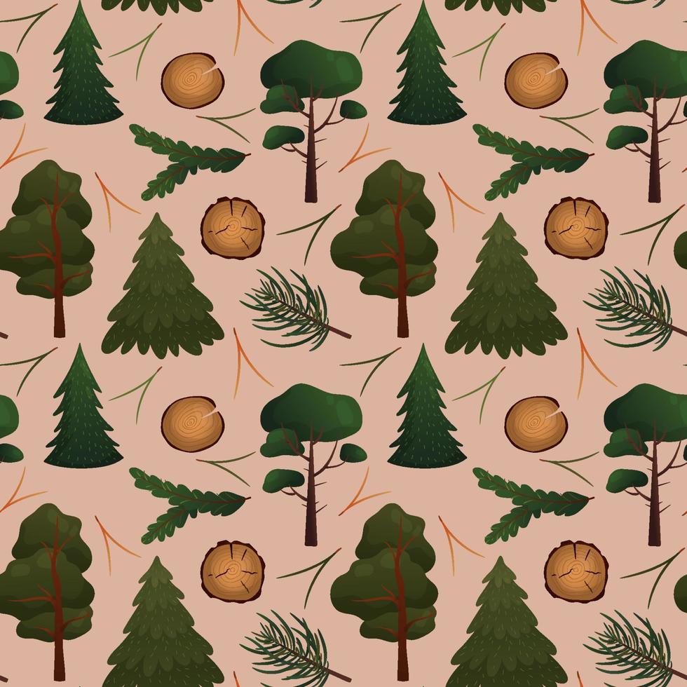 Vector forest pattern with trees, branches and slabs