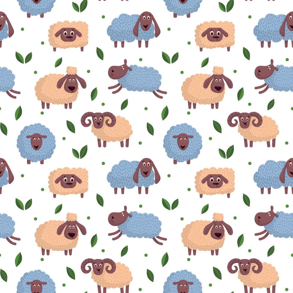 Vector pattern with blue and pink sheep and leaves