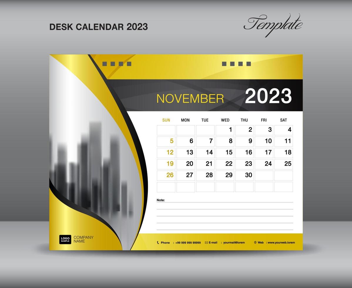 plantilla de calendario 2023, plantilla de noviembre de 2023, calendario de escritorio 2023 año sobre fondos dorados concepto lujoso, diseño de calendario de pared, planificador, publicidad, medios de impresión, vector