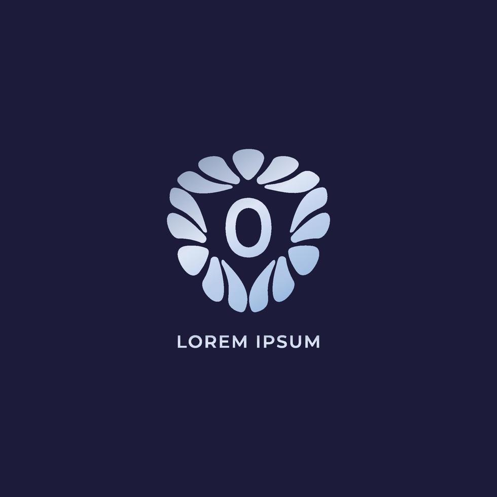 Letter O Alphabetic logo design template. Luxury decorative alphabet logo isolated on navy blue background. Silver metalic jewelry logo concept vector
