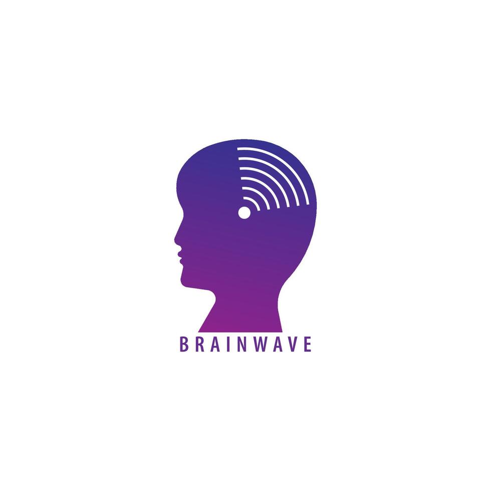 plantilla de diseño de logotipo de ondas cerebrales. la silueta de la cabeza de una persona con un concepto de logotipo de haz de señales. color de gradación púrpura violeta. aislado sobre fondo blanco vector